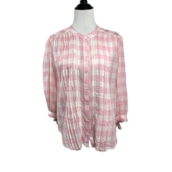 Sundance Blouse Gingham Check Tissue 3/4 Sleeves Tunic Size L Pink Pin Tuck - Picture 1 of 7